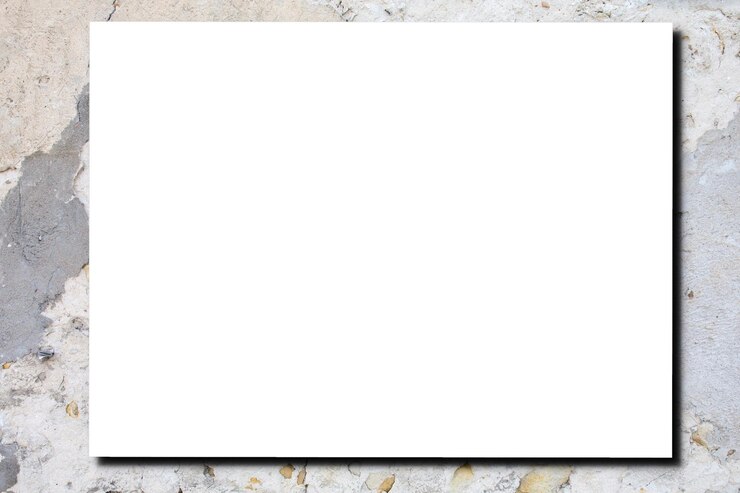 Foto maquete de cartaz de retângulo horizontal branco vazio com sombra suave no antigo fundo de parede de concreto cinza rachado usado vista superior plana