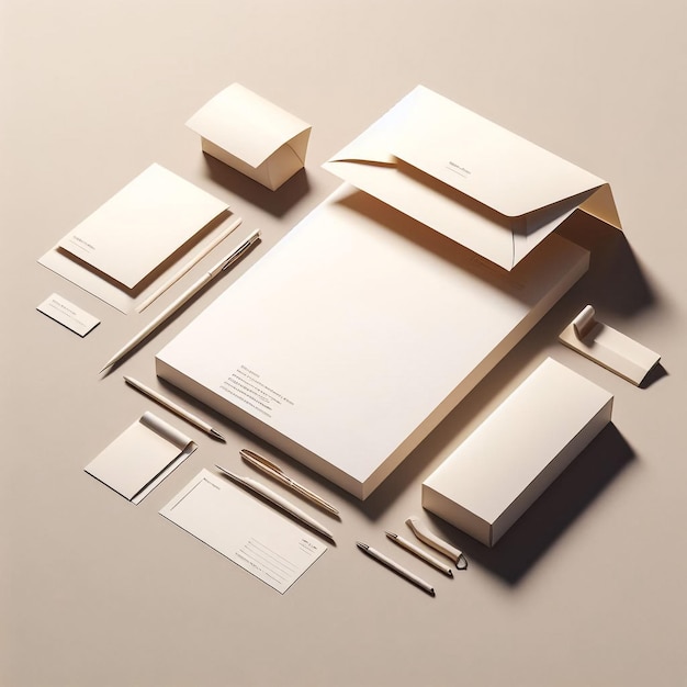 Maquete de conjunto de papelaria corporativa em branco com envelopes, pasta de cartões de visita, folheto com três dobras, pape