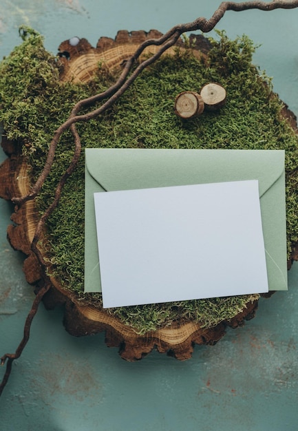 maquete de convite, papel branco, maquete de carta, fundo natural, musgo e árvore