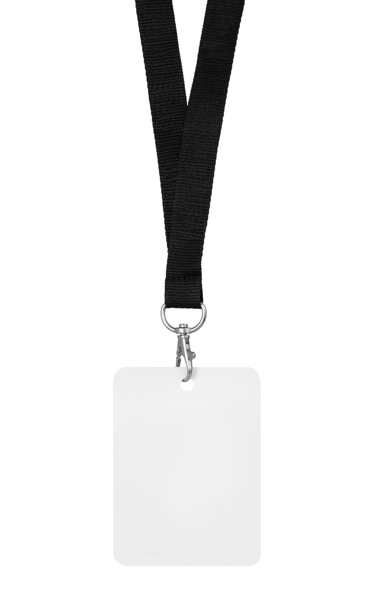 Foto maquete de crachá em branco isolada no fundo branco maquete de crachá vazio simples com corda preta