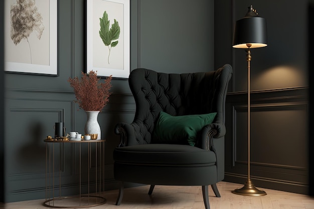 Maquete de design de interiores de sala de estar aconchegante de uma parede com uma poltrona preta