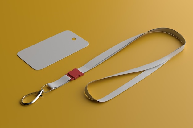 Maquete de distintivo em branco. tag de nome vazia simples simulada para pendurar no pescoço com uma corda.3D.lanyard