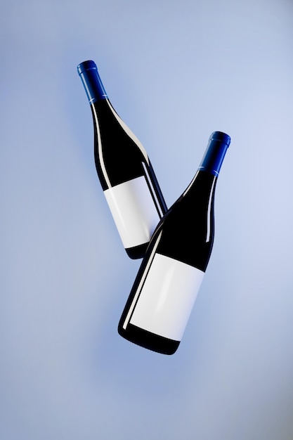 Maquete de duas garrafas de vinho em renderização 3d de fundo azul
