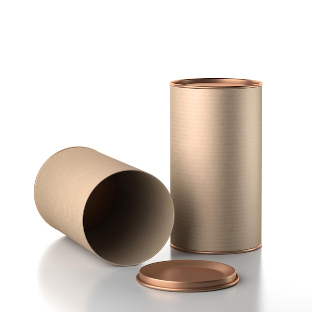 Maquete de embalagem de lata de papelão kraft, tampa de cobre de metal, renderização em 3d