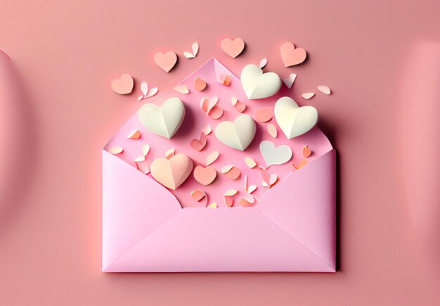 Maquete de envelope de papel com corações artesanais de papel dos namorados em fundo rosa plano vista superior carta de amor romântica para o conceito do dia dos namorados gerando Ai