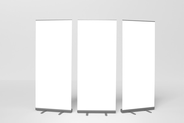 Maquete de exibição de banner de roll-up branco em branco, isolado, renderização em 3d