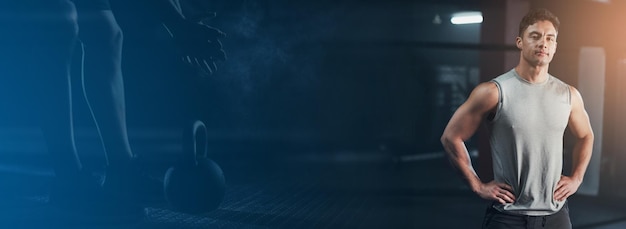 Maquete de fitness e homem de confiança na academia com treino de kettlebell e compromisso de treinamento no banner Exercício de espaço de informações e retrato de atleta com motivação de desafio de poder e dupla exposição