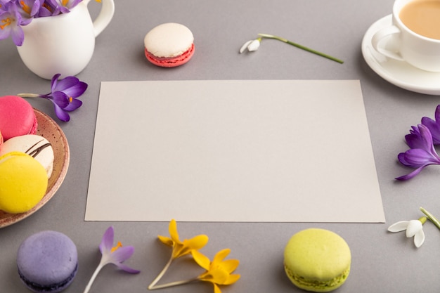 maquete de folha de papel bege com flores de açafrão de floco de neve e biscoitos em fundo cinza pastel.