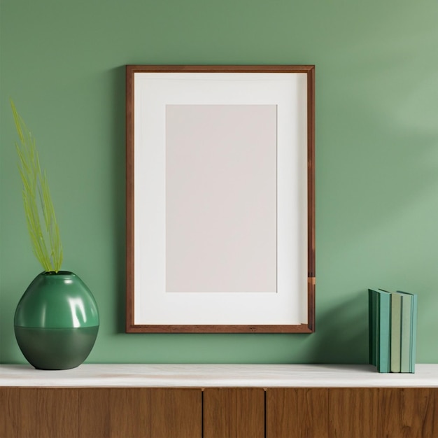 maquete de foto moldura de foto verde montada na parede no armário de madeira