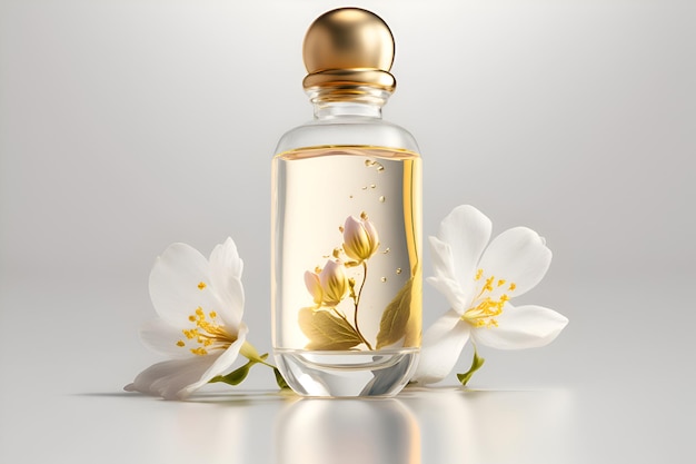 Maquete de frasco de perfume com flores sobre fundo claro Generative AI 9
