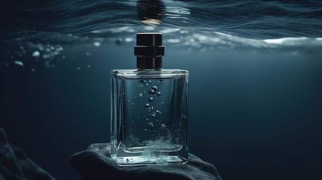 Maquete de frasco de perfume vazio no fundo do mar para marca cosmética AI gerada