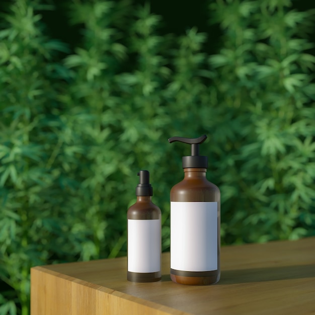 Maquete de frascos de cosméticos para cuidados de saúde ou tela médica e branca com renderização 3d de fundo de árvore