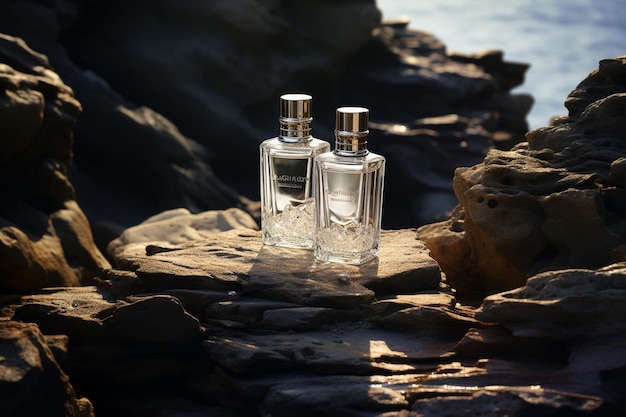 maquete de frascos de perfume no fundo da natureza da luz solar da rocha