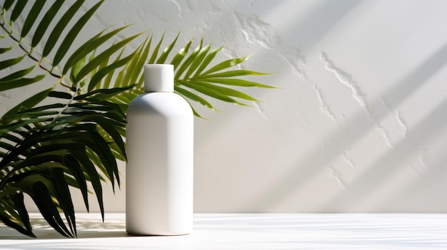 Maquete de garrafa cosmética branca em branco com folhas de palmeira tropical gerada por IA