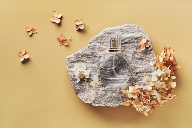 Maquete de garrafa de perfume em fundo bege Pódio de pedra e flores secas de hortênsia Cores naturais da terra