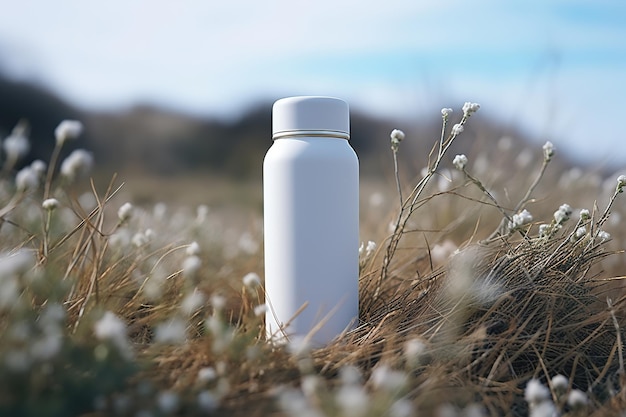 Foto maquete de garrafa térmica minimalista branca limpa fechamento de uma garrafa térmica com um local para marcar em um campo na natureza