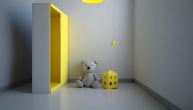 Maquete de interior infantil bege minimalista com móveis amarelos e brinquedos Generative AI