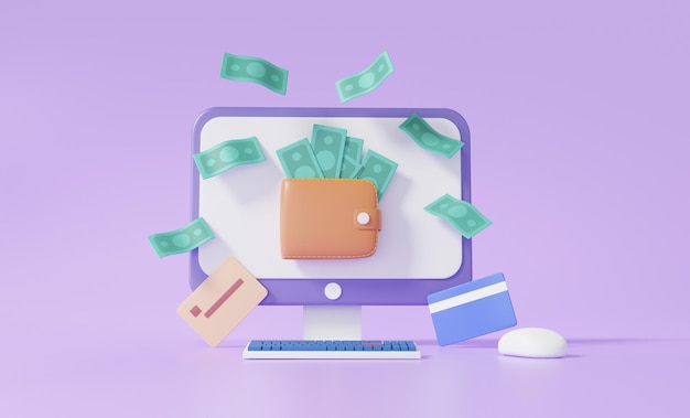 Maquete de laptop de desenho animado com transferência de dinheiro de carteira flutuando em fundo roxo conceito de pagamentos online finanças de negócios investidor custo compras comércio eletrônico 3d render ilustração