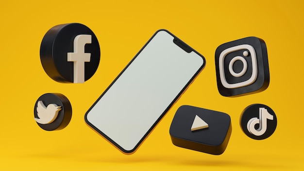 Maquete de logotipos de telefone e mídia social em renderização 3d de fundo amarelo