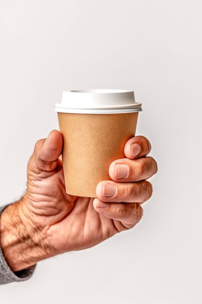 Maquete de mão segurando uma xícara de café descartável