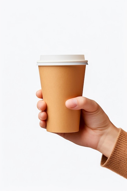 Maquete de mão segurando uma xícara de café descartável