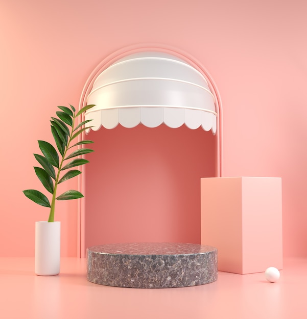 Maquete de mármore preto pódio em cena rosa com porta de telhado e planta renderização em 3d