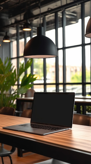 Maquete de mesa de escritório com tela de laptop preta em branco para laptop IA generativa