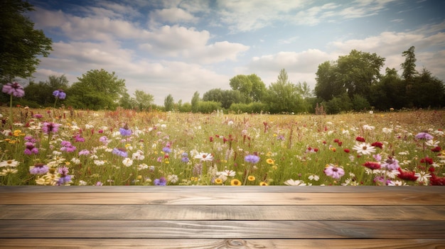 Maquete de mesa de madeira com fundo de prado de primavera em flor Espaço vazio para apresentação IA generativa