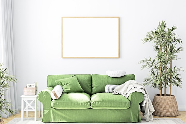 Maquete de moldura branca horizontal em estilo boho de sala de estar