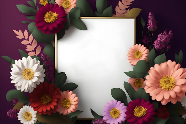 Maquete de moldura de foto com flores diferentes ao redor