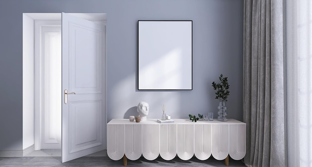 Maquete de moldura de foto em branco na cena de design de interiores moderno com cortinas de porta de unidade de mídia