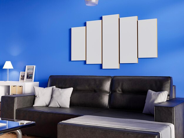 Foto maquete de moldura de foto vazia pendurada no fundo da parede azul interior moderno