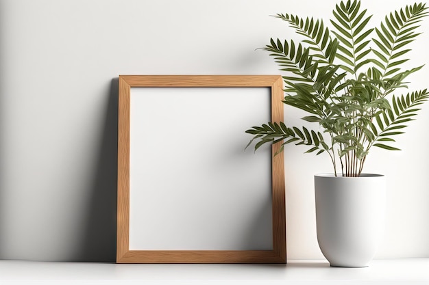 Maquete de moldura de madeira minimalista vazia realista com um adorno de vaso de planta quadrado em forma