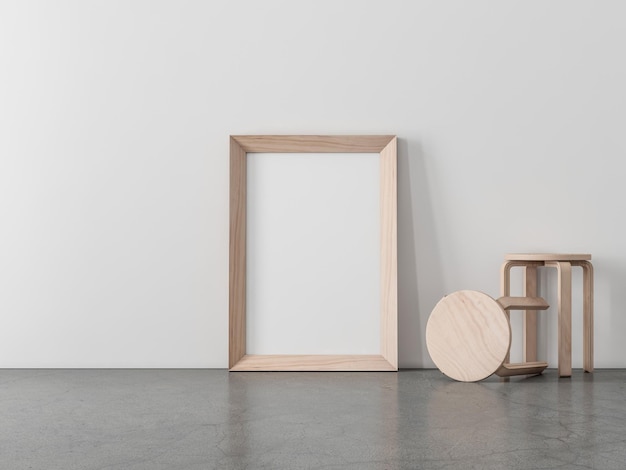 Maquete de moldura de madeira vertical em pé no chão com renderização em 3d de cadeiras de madeira compensada