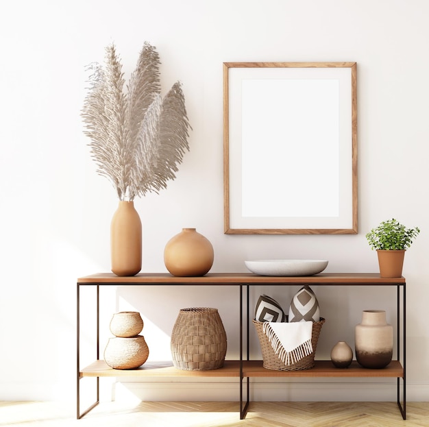 Maquete de moldura de sala de estar em estilo boho