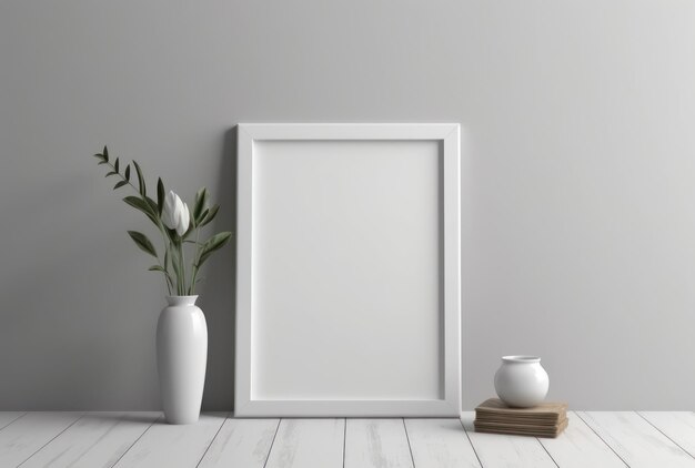 Maquete de moldura em branco com vaso e decoração minimalista de piso de madeira