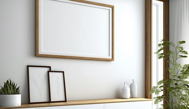 Maquete de moldura em branco de madeira na parede no interior moderno Arte horizontal Generative Ai