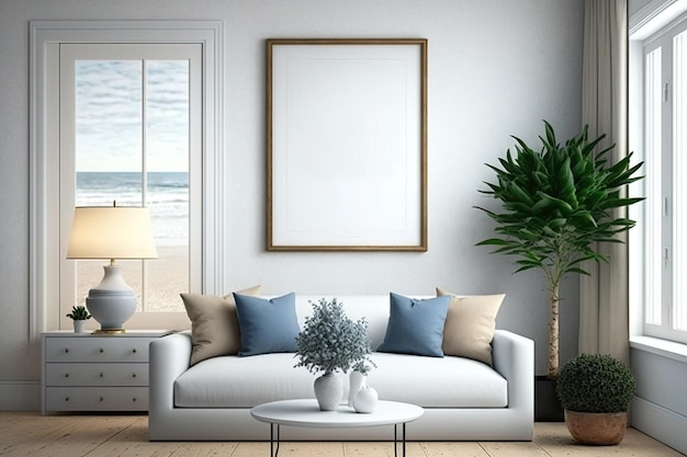 Maquete de moldura em branco em design de interiores de sala de estar costeira