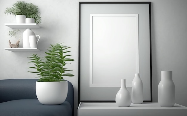 Maquete de moldura em branco em uma maquete de moldura vertical de parede Modelo para pintar foto ou pôster
