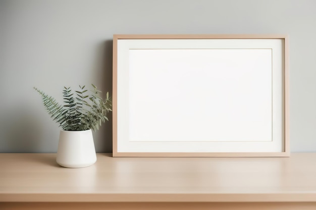 Maquete de moldura em branco na mesa Estilo minimalista escandinavo Artigos de interior Vasos com flores