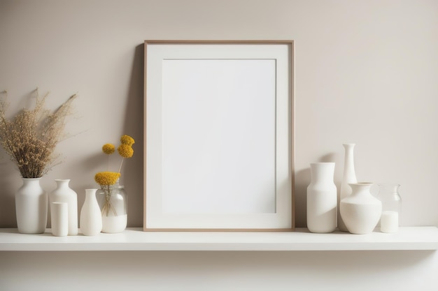 Maquete de moldura em branco na mesa estilo minimalista escandinavo artigos de interior vasos com flores