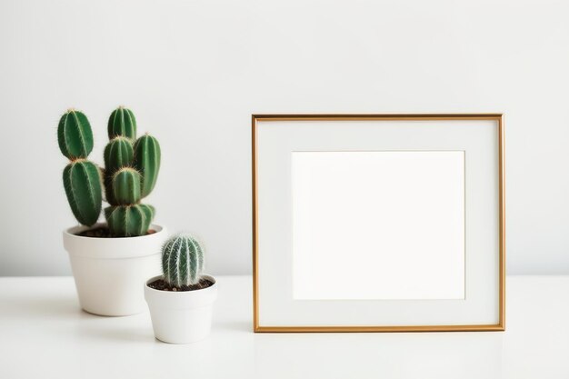 Maquete de moldura em branco na mesa Estilo minimalista escandinavo Itens de interior Pote com cacto