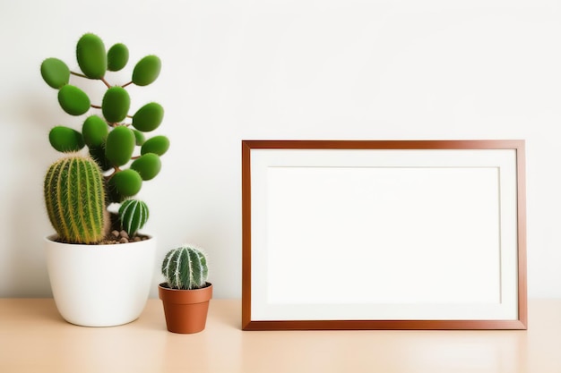 Foto maquete de moldura em branco na mesa estilo minimalista escandinavo itens de interior pote com cacto