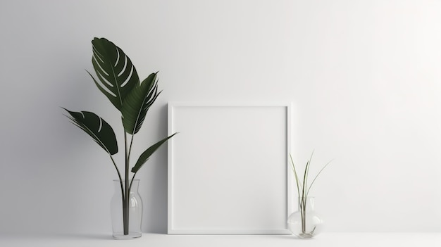 Maquete de moldura quadrada vazia no interior minimalista moderno com planta no fundo da parede branca