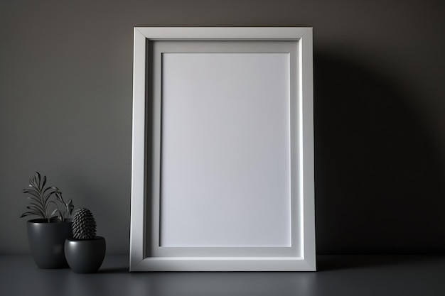Maquete de moldura vazia branca em branco na parede cinza Vitrine de obras de arte do pôster Vista do interior moderno Conceito de preparação e minimalismo em casa