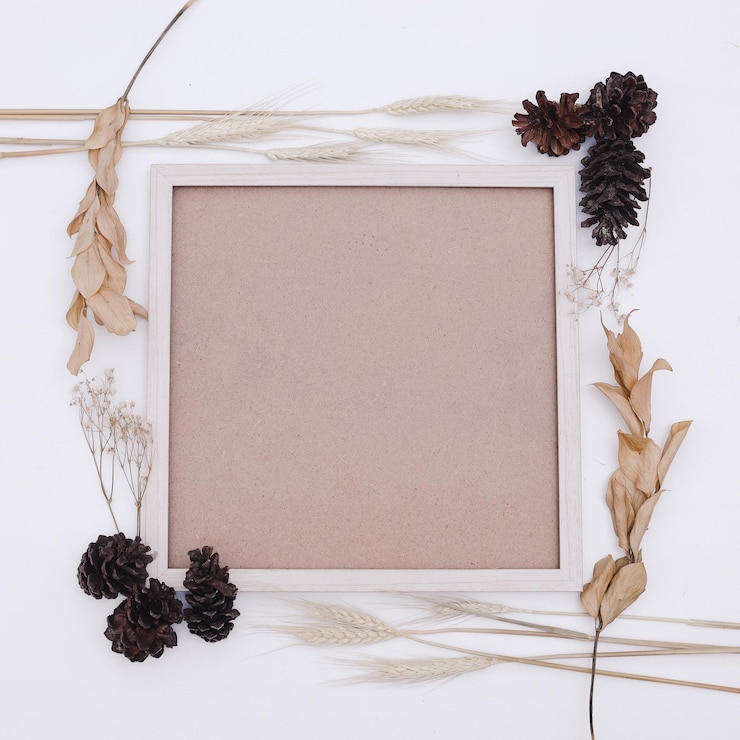 Foto maquete de molduras para fotos com flores de folhas secas e pinheiros em fundo branco.