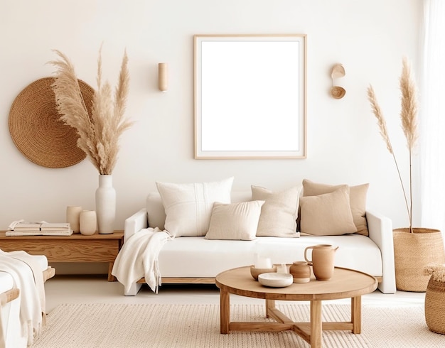 Maquete de molduras sofá bege e maquete de molduras modelo de moldura de foto de sala de estar