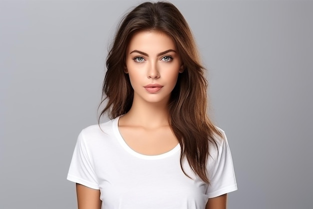 Maquete de mulher com camiseta branca criada com IA generativa