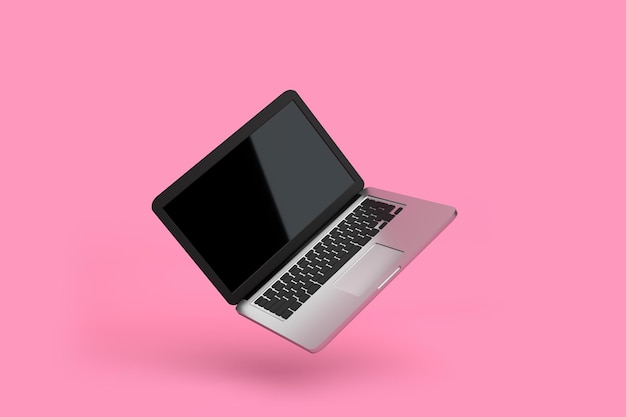 Maquete de notebook portátil com fundo de cor rosa pastel Flutuar e levitar renderização 3D de laptop