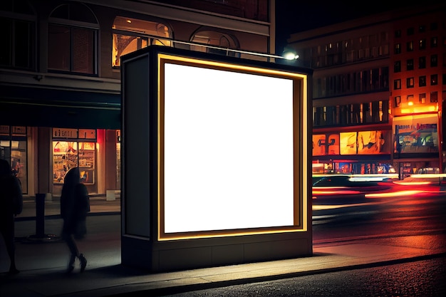 Maquete de outdoor em branco na vitrine de rua da loja em uma cidade à noite Generative ai